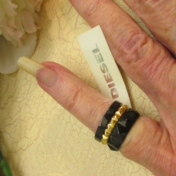 DIESEL Black Gold Stack Rings Unisex~Vintage NOS Industrial Size 6.5 Stack Rings - Picture 2 of 14